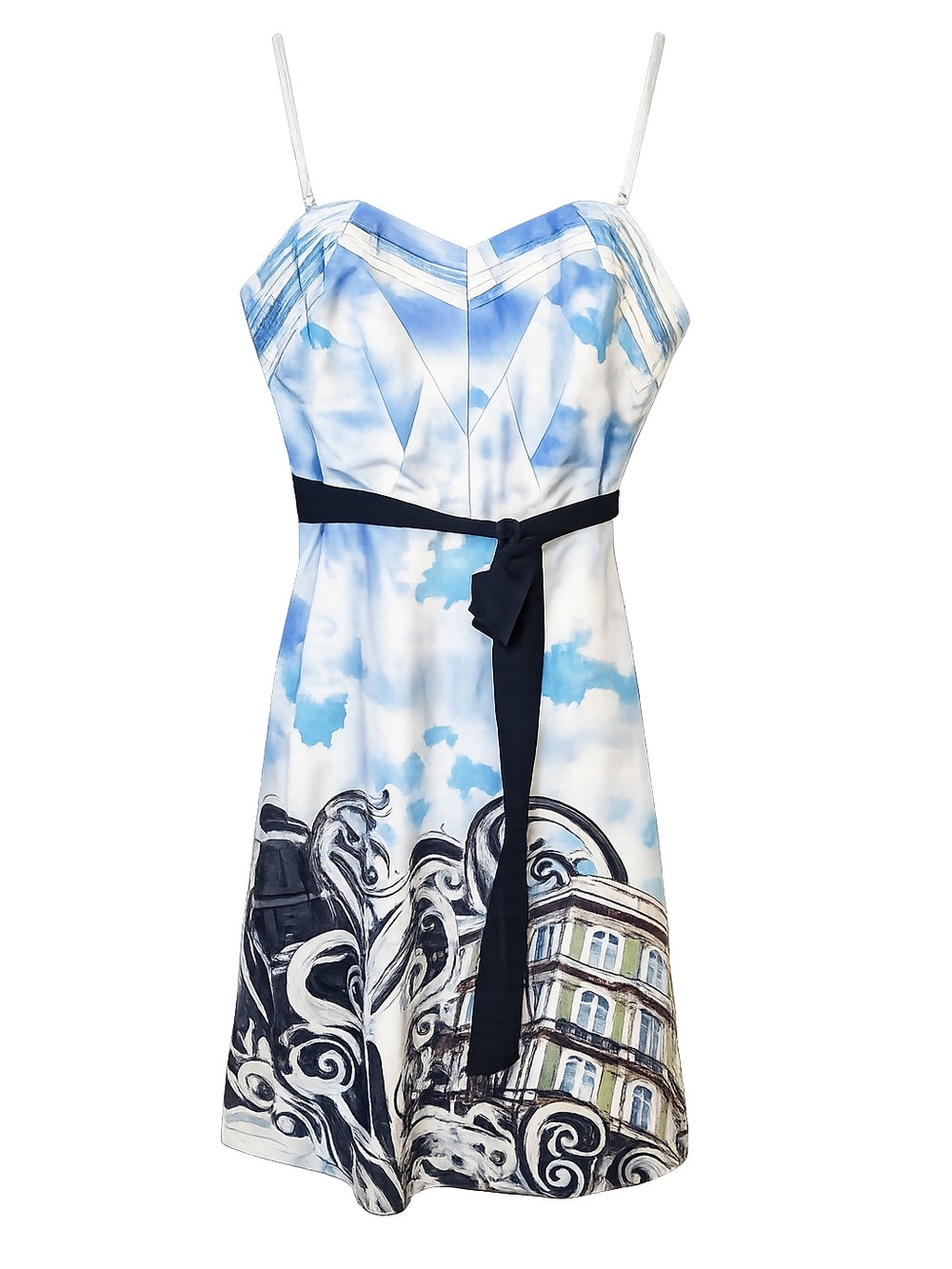 Moulinette Soeurs Sky-Print Spaghetti Strap Dress with Navy Waist Tie
